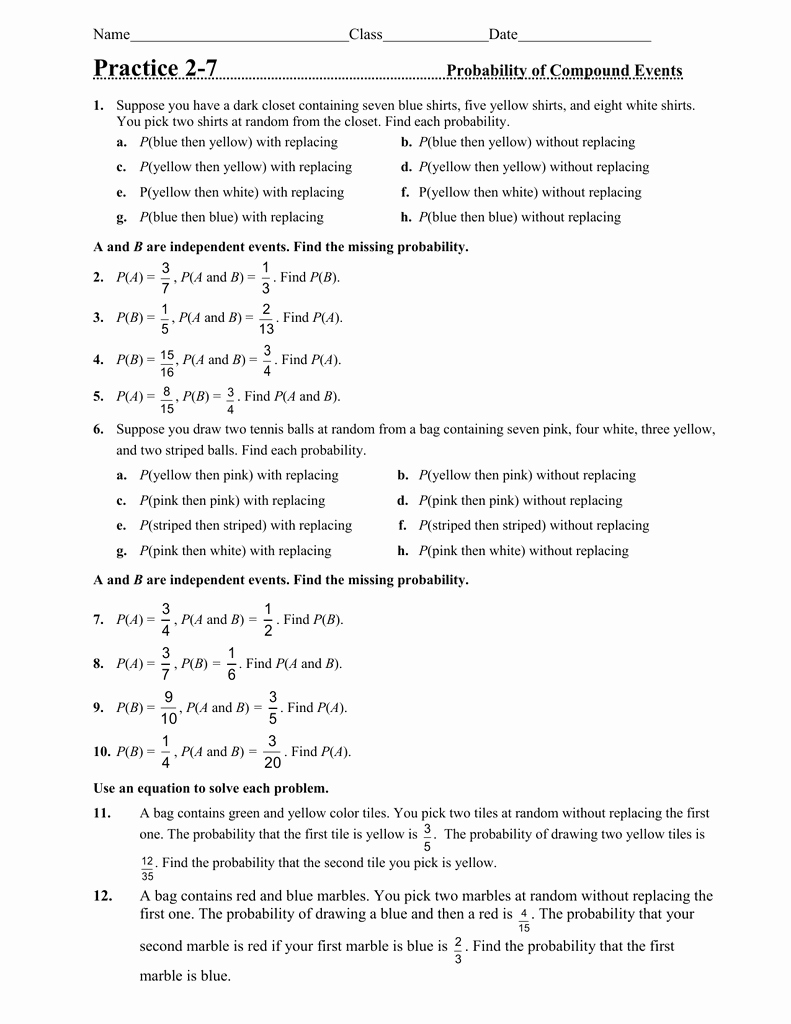 Compound events Worksheets New Probability Pound events Worksheet