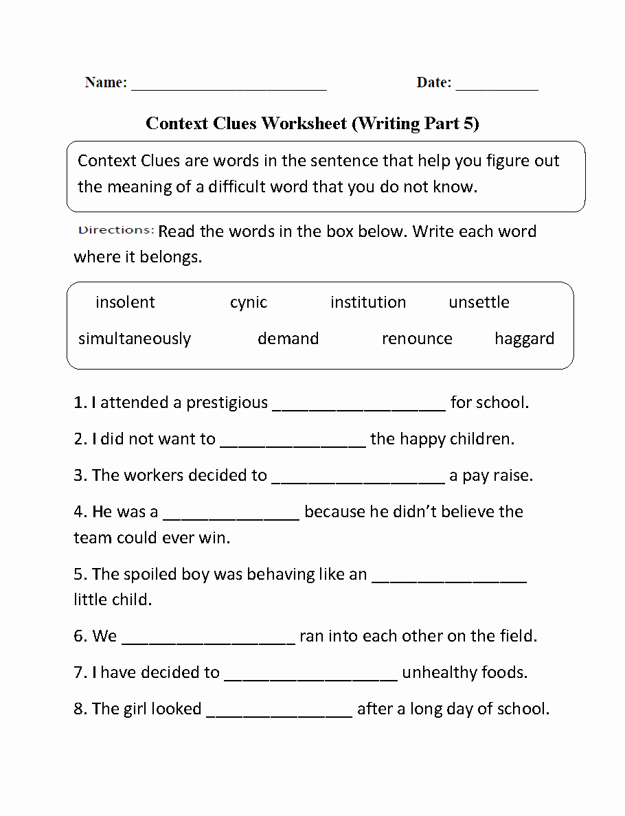 Context Clues 5th Grade Worksheets Beautiful Free Printable 5th Grade Context Clues Worksheets