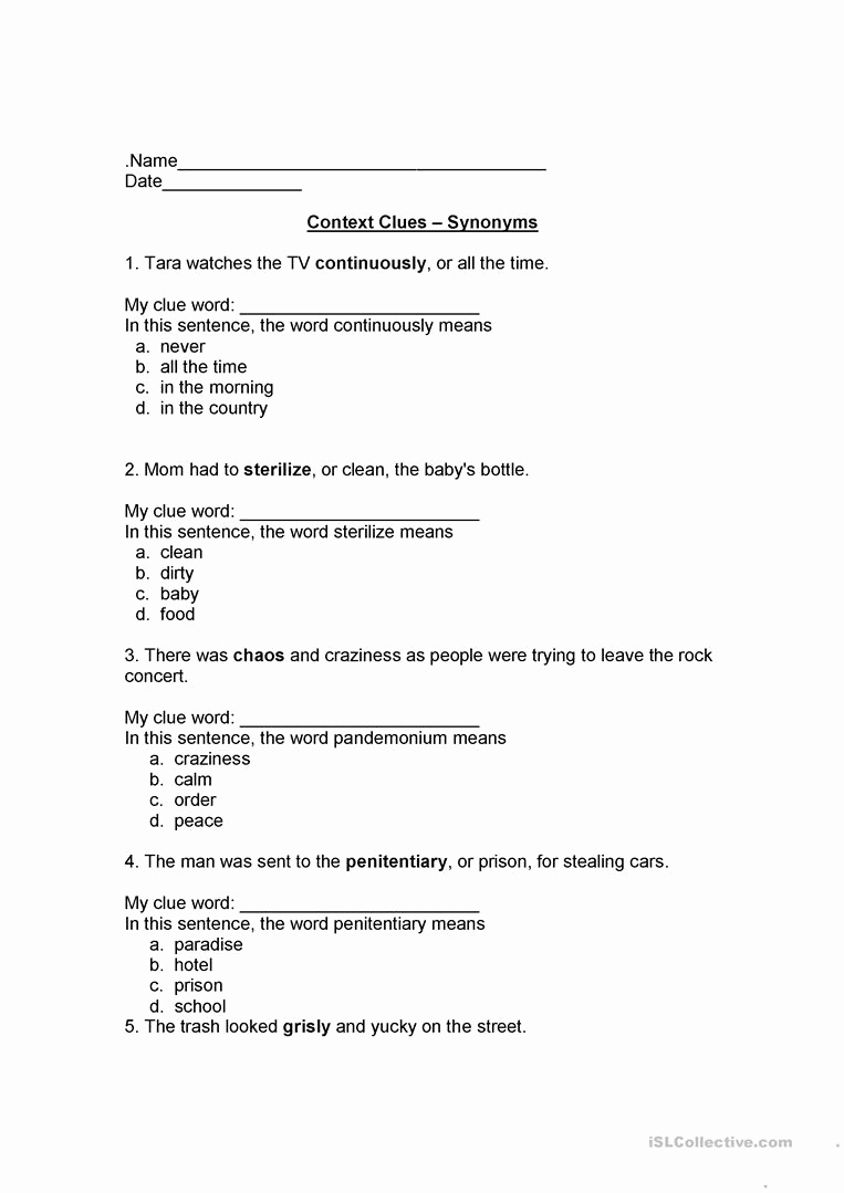Context Clues 5th Grade Worksheets Lovely Context Clues Worksheet Writing Part 9 Intermediate