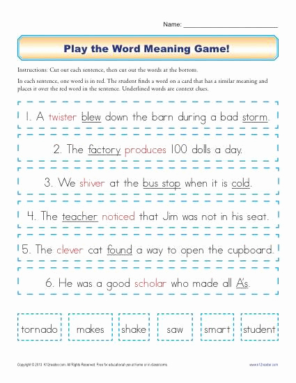 Context Clues Worksheets Second Grade New Play the Word Meaning Game