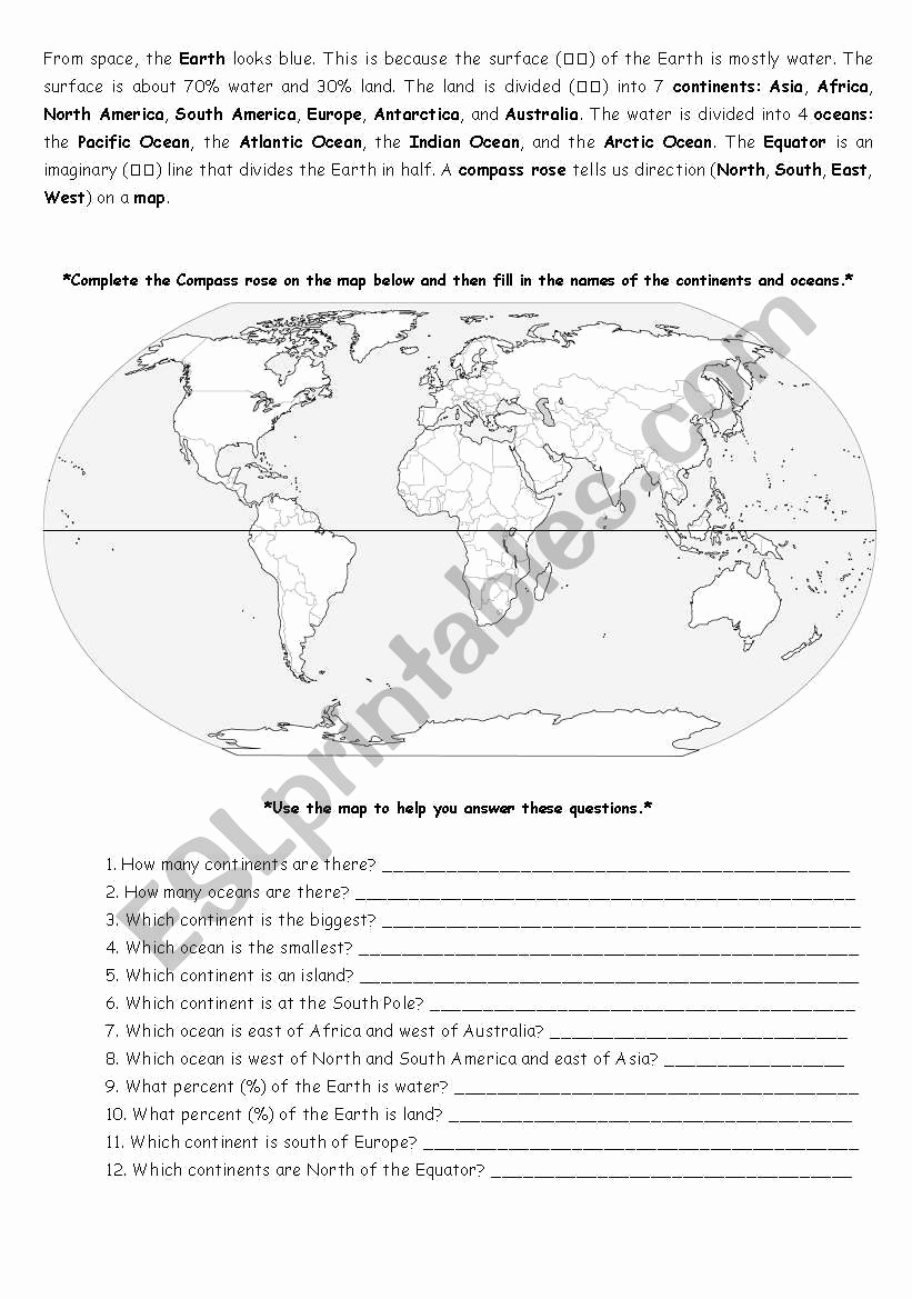 Continents and Oceans Worksheet Printable Beautiful Continents and Oceans Esl Worksheet by Laurend