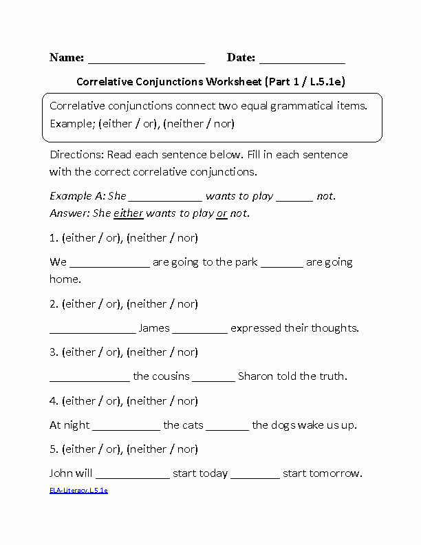 Correlative Conjunctions Worksheet 5th Grade Beautiful 5th Grade Mon Core