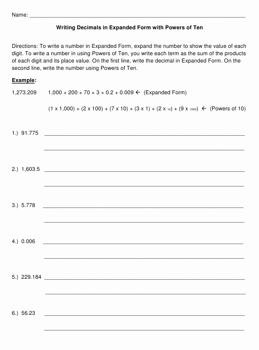 Decimal Expanded form Worksheet Elegant Writing Decimals In Expanded form with Powers Of Ten