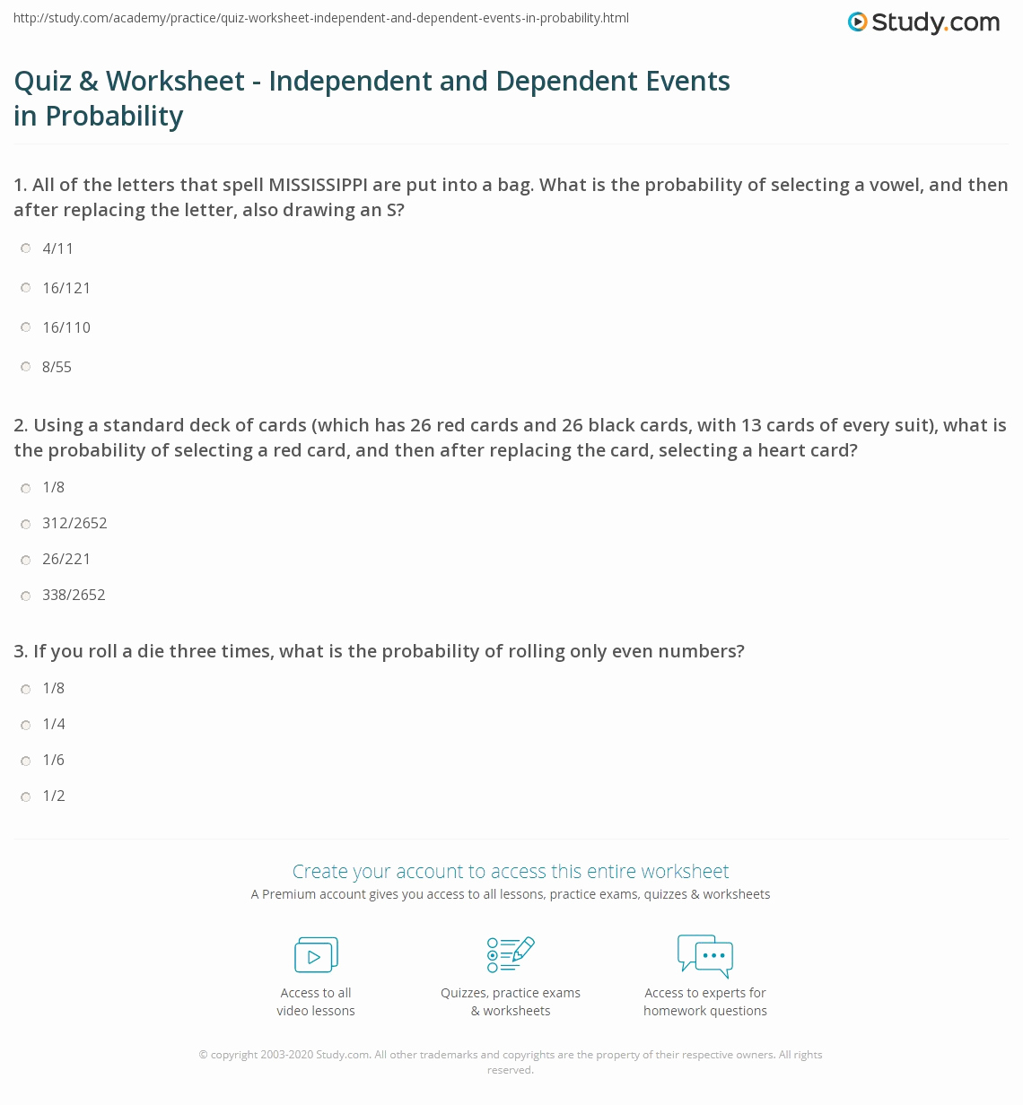 Dependent Probability Worksheets Lovely Quiz &amp; Worksheet Independent and Dependent events In