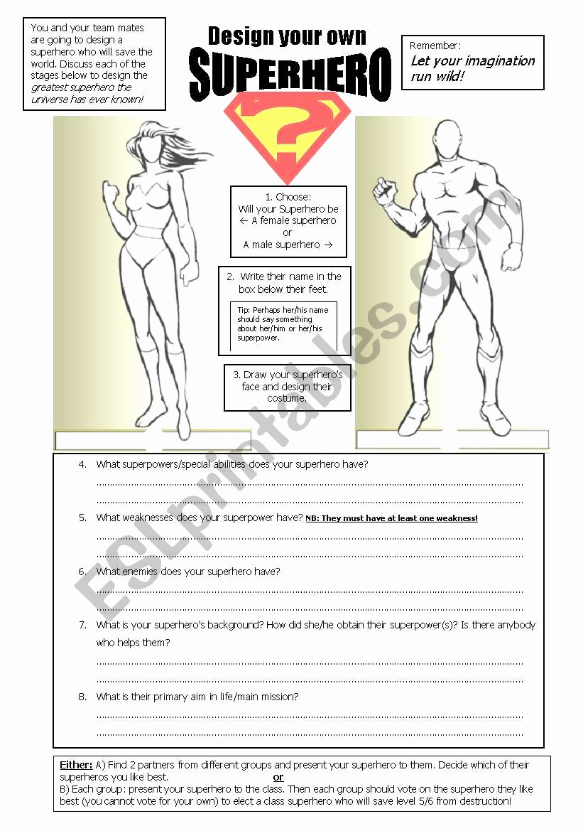 Design Your Own Superhero Worksheet Awesome Design A Superhero Esl Worksheet by Sheepy Pete