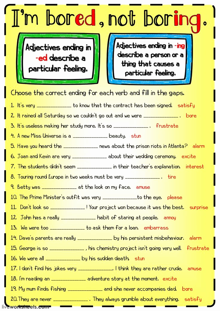Ed and Ing Worksheets Awesome Adjectives Ending In Ed and Ing Interactive and