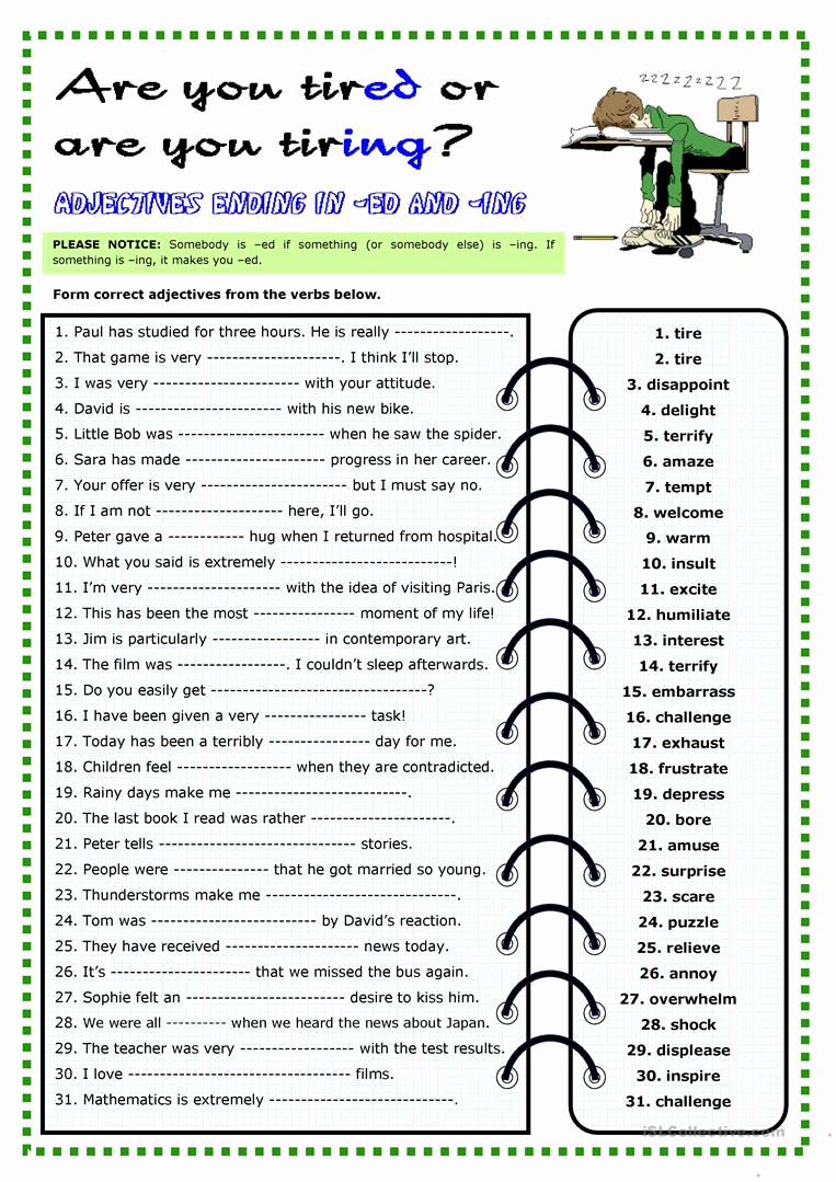 Ed and Ing Worksheets Lovely Adjectives Ending In Ed and Ing English Esl Worksheets