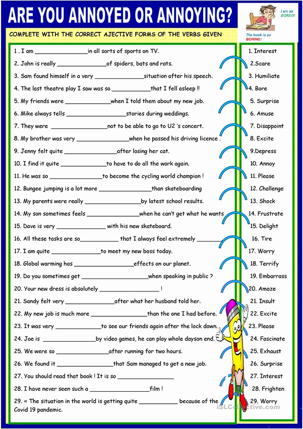 Ed and Ing Worksheets Unique Adjectives Ed or Ing with Key English Esl Worksheets for