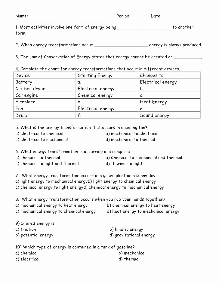 Energy Worksheets Middle School Pdf Elegant Energy Transformation Worksheet Pdf