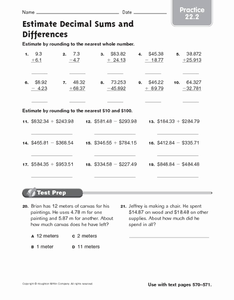 Estimate Sums Worksheet Awesome Estimate Decimal Sums and Differences Practice Worksheet
