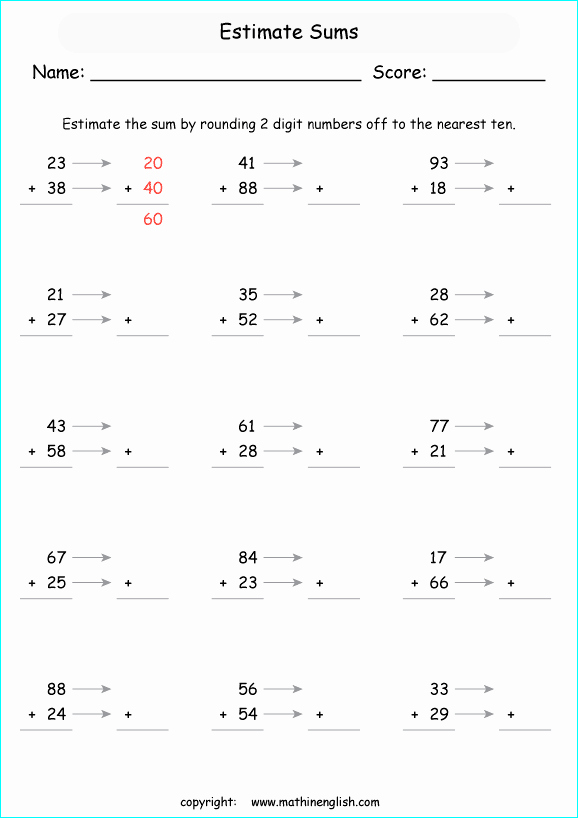 Estimate Sums Worksheet Lovely Estimate the Sum Of 2 2 Digit Numbers Up to 100 Grade 4
