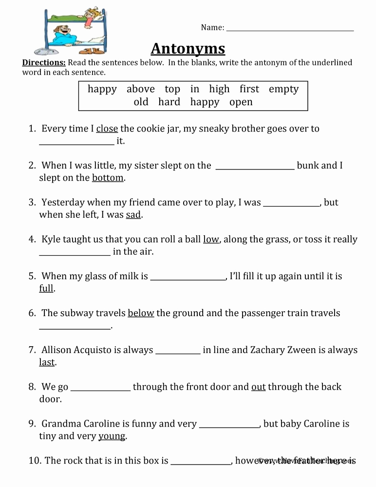 First Grade Antonyms Worksheet Beautiful Antonym Fill In the Blank ...