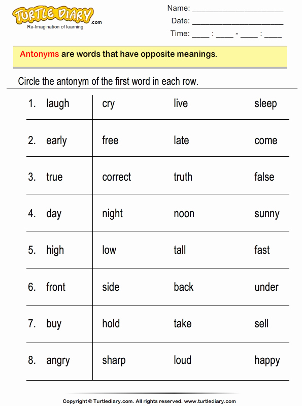 First Grade Antonyms Worksheet Lovely Find the Antonym Of Words Turtlediary