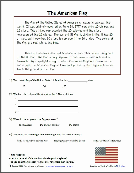 Flag Day Reading Comprehension Worksheets Inspirational Reading Prehension the American Flag