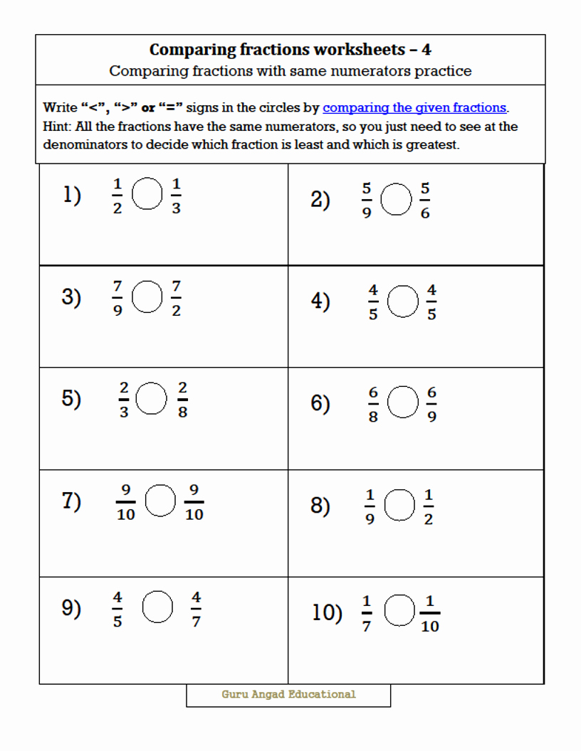 Fractions Common Core Worksheets Inspirational Mon Core Paring Fractions Worksheets