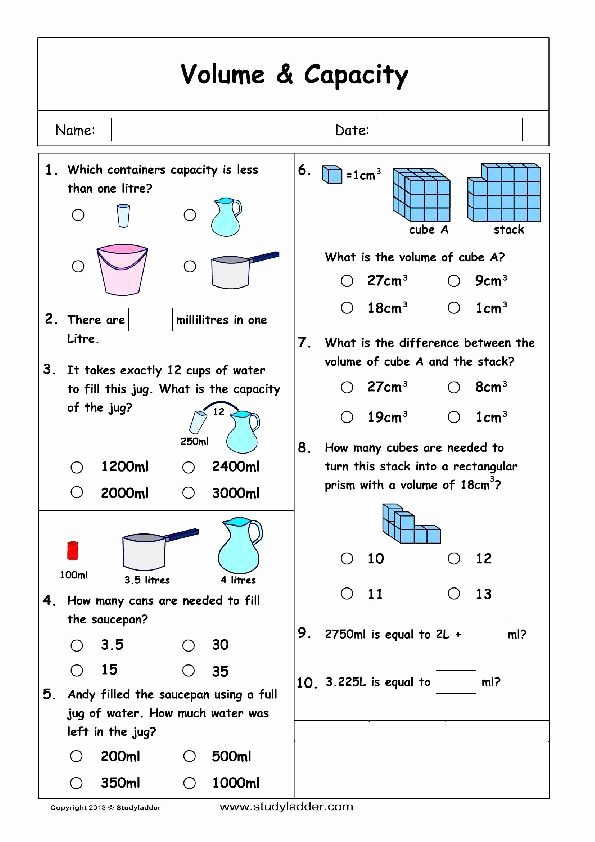 Free Capacity Worksheets Best Of 3rd Grade Volume Worksheets Volume and Capacity Problem