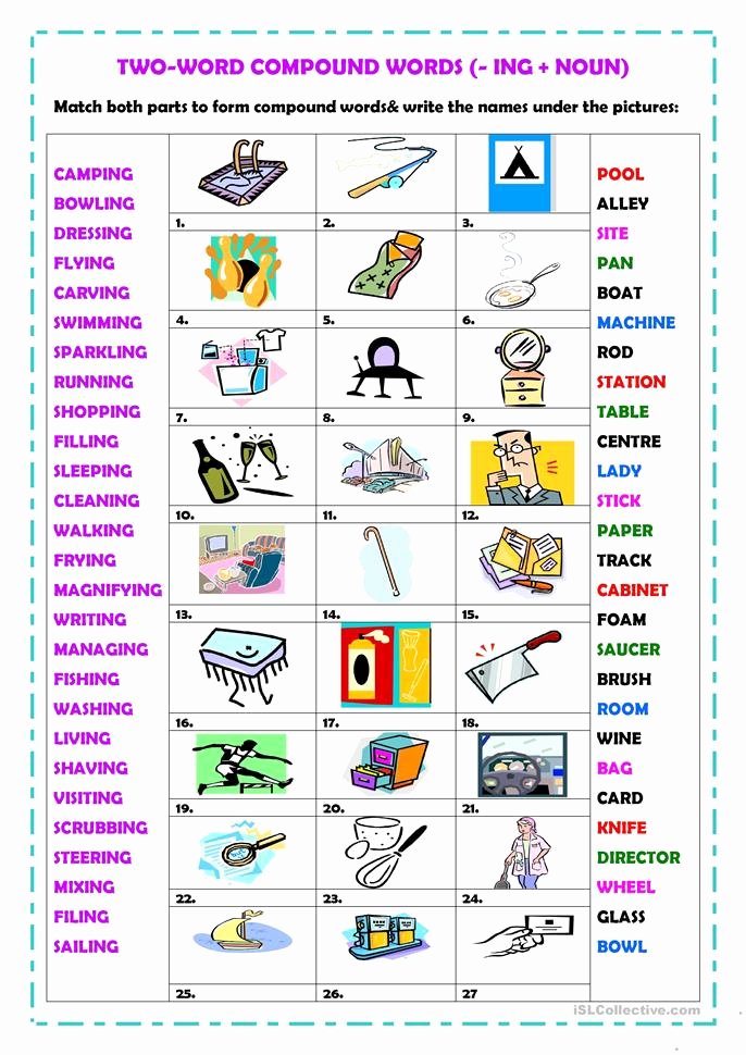 Free Printable Compound Word Worksheets Inspirational Two Word Pound Words Ing Worksheet Free Esl