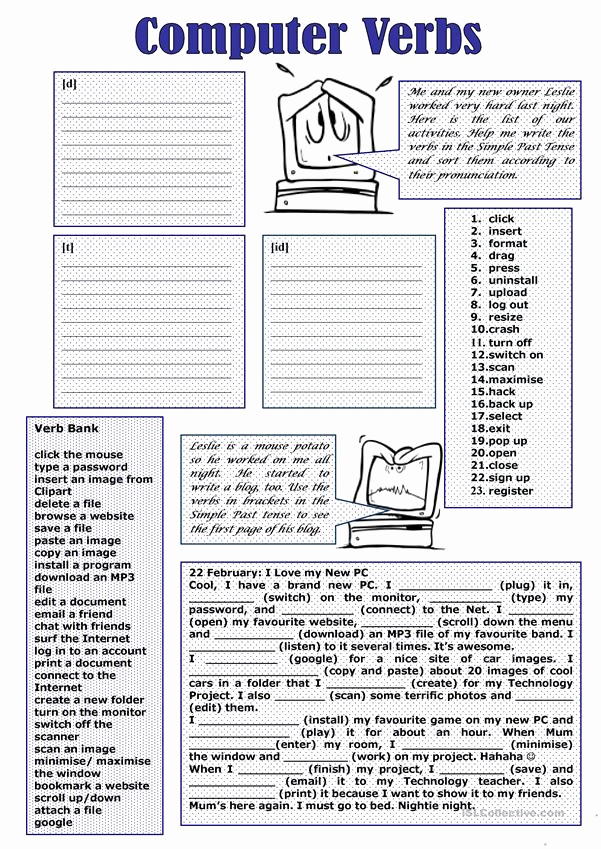 Free Printable Computer Worksheets Beautiful Puter Verbs English Esl Worksheets for Distance