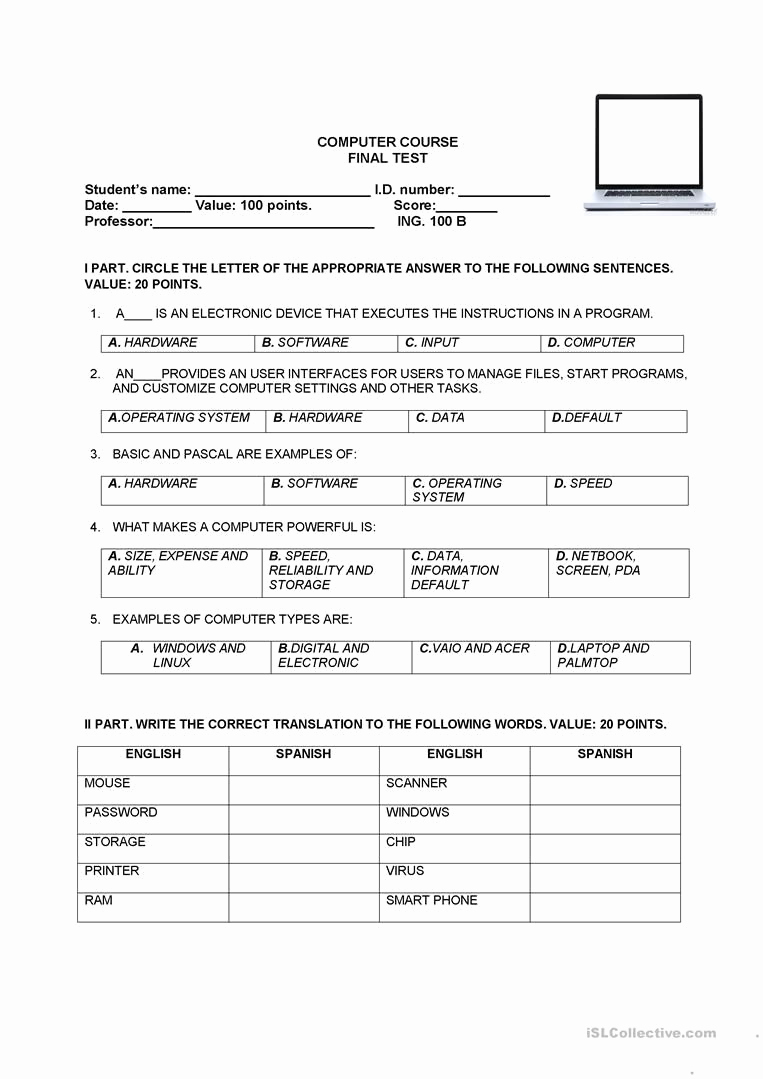 Free Printable Computer Worksheets Elegant Test About Puters Worksheet Free Esl Printable