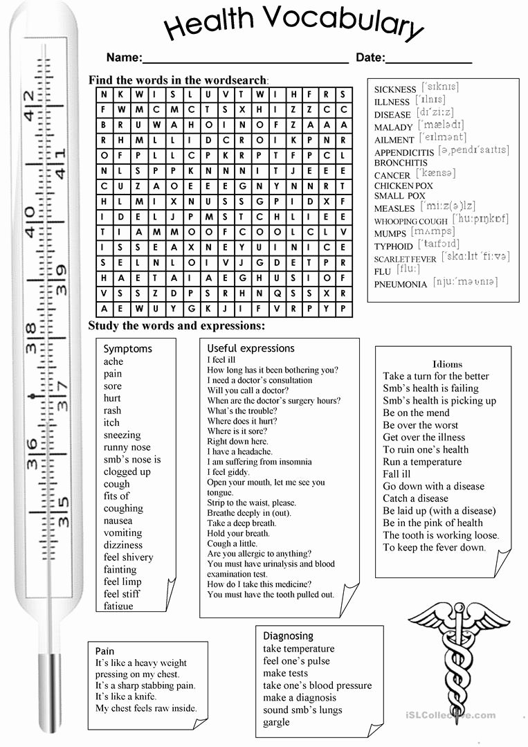 Free Printable Health Worksheets New Health Vocabulary Worksheet Free Esl Printable