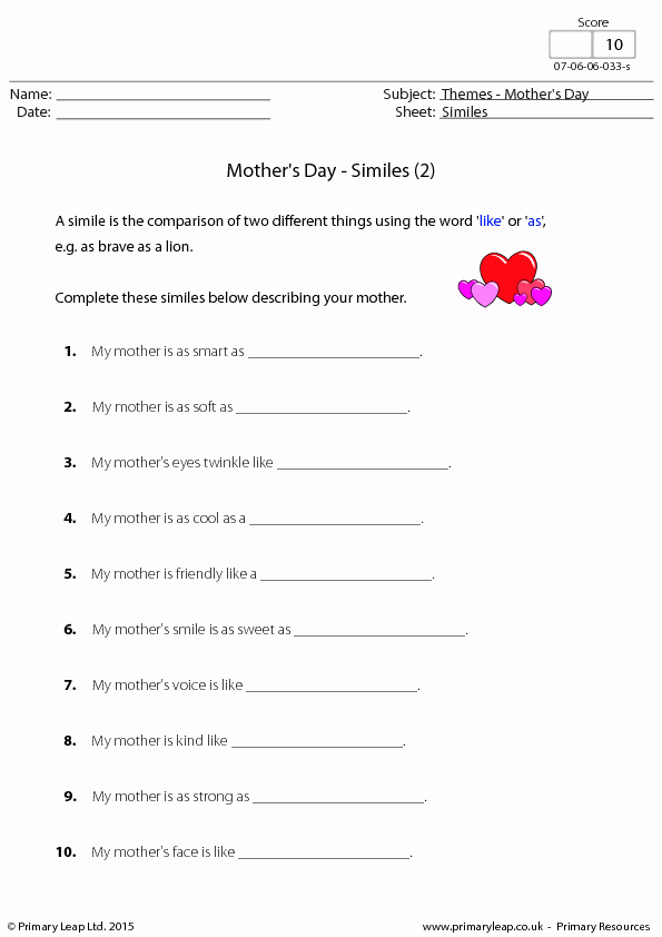 Free Printable Simile Worksheets Best Of Mother S Day Similes 2