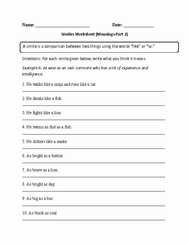 Free Printable Simile Worksheets Lovely Englishlinx Figures Of Speech Worksheets
