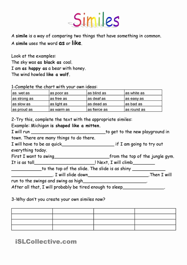 Free Printable Simile Worksheets Unique Free Printable Simile Worksheets In 2020