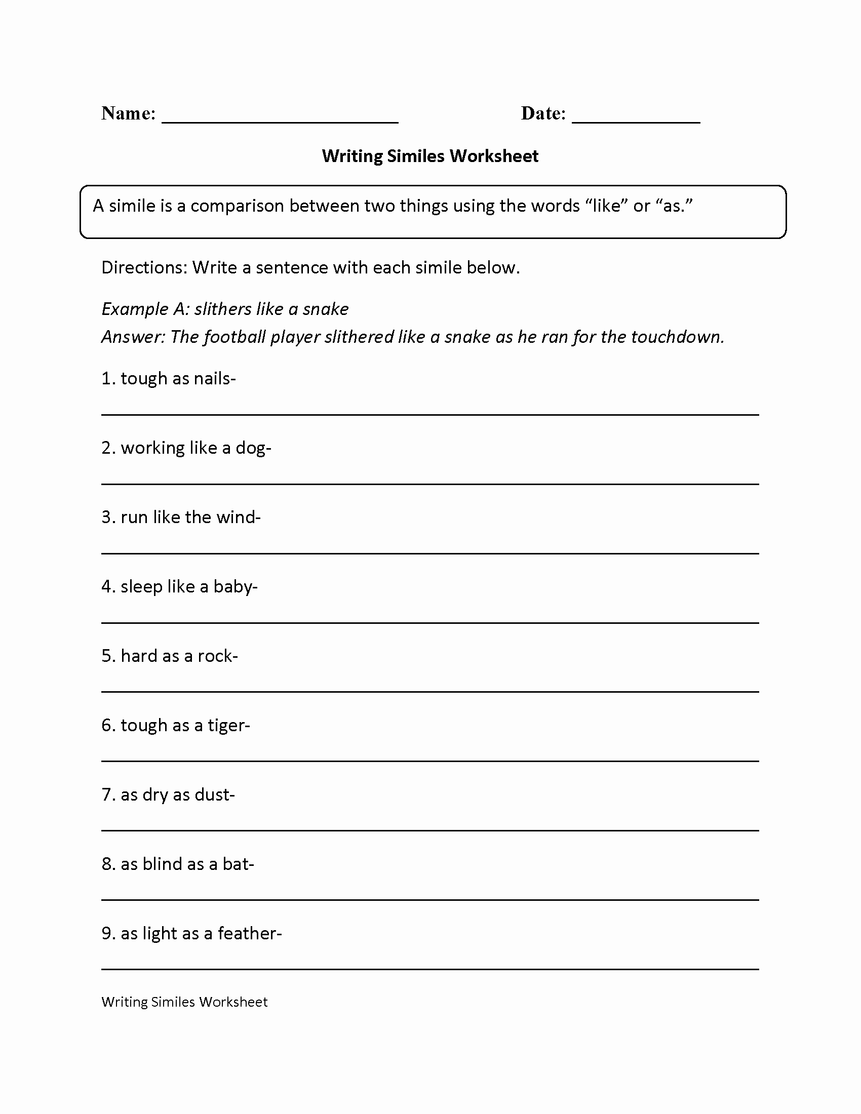 Free Printable Simile Worksheets Unique Writing Simile Worksheet