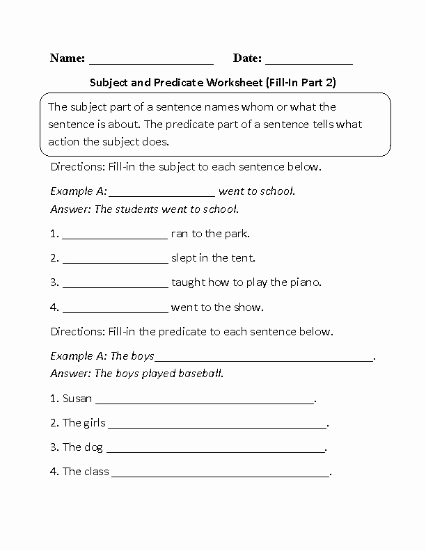 Free Subject and Predicate Worksheets New Subject and Predicate Worksheet