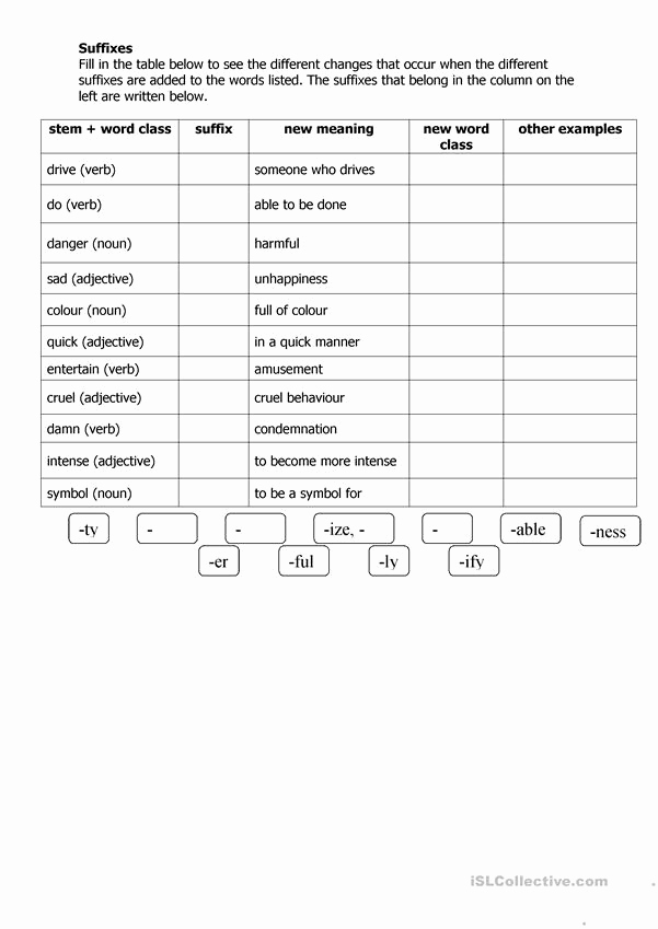 Free Suffix Worksheet Awesome Suffixes English Esl Worksheets for Distance Learning