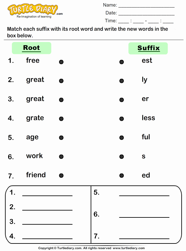 Free Suffix Worksheet Elegant Match Suffixes to Root Words Worksheet Turtle Diary