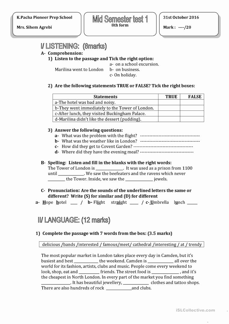 Grammar Worksheets for 8th Graders Beautiful Mid Semester Test N°1 8th Graders Worksheet Free Esl