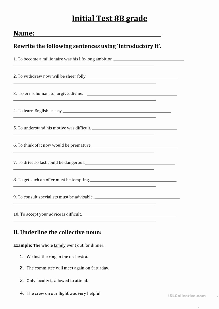 Grammar Worksheets for 8th Graders Fresh Initial Test for the 8th Grade English Esl Worksheets