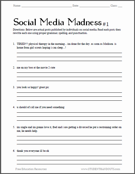 Grammar Worksheets Middle School Pdf Beautiful social Media Madness Grammar Worksheet 1