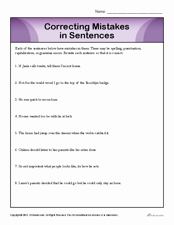 Grammatical Error Worksheets Awesome Correcting Mistakes In Sentences