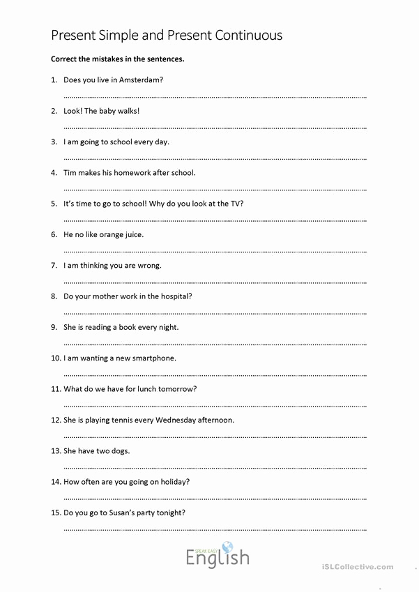 Grammatical Error Worksheets Fresh Present Simple Continuous Error Correction with Answers