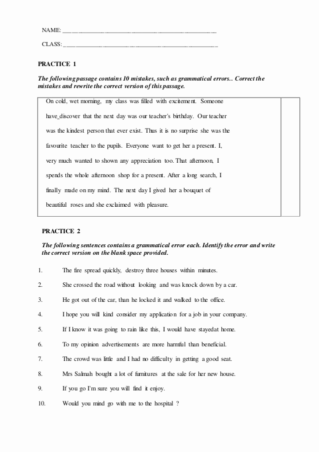 Grammatical Error Worksheets Luxury Error Correction Worksheet