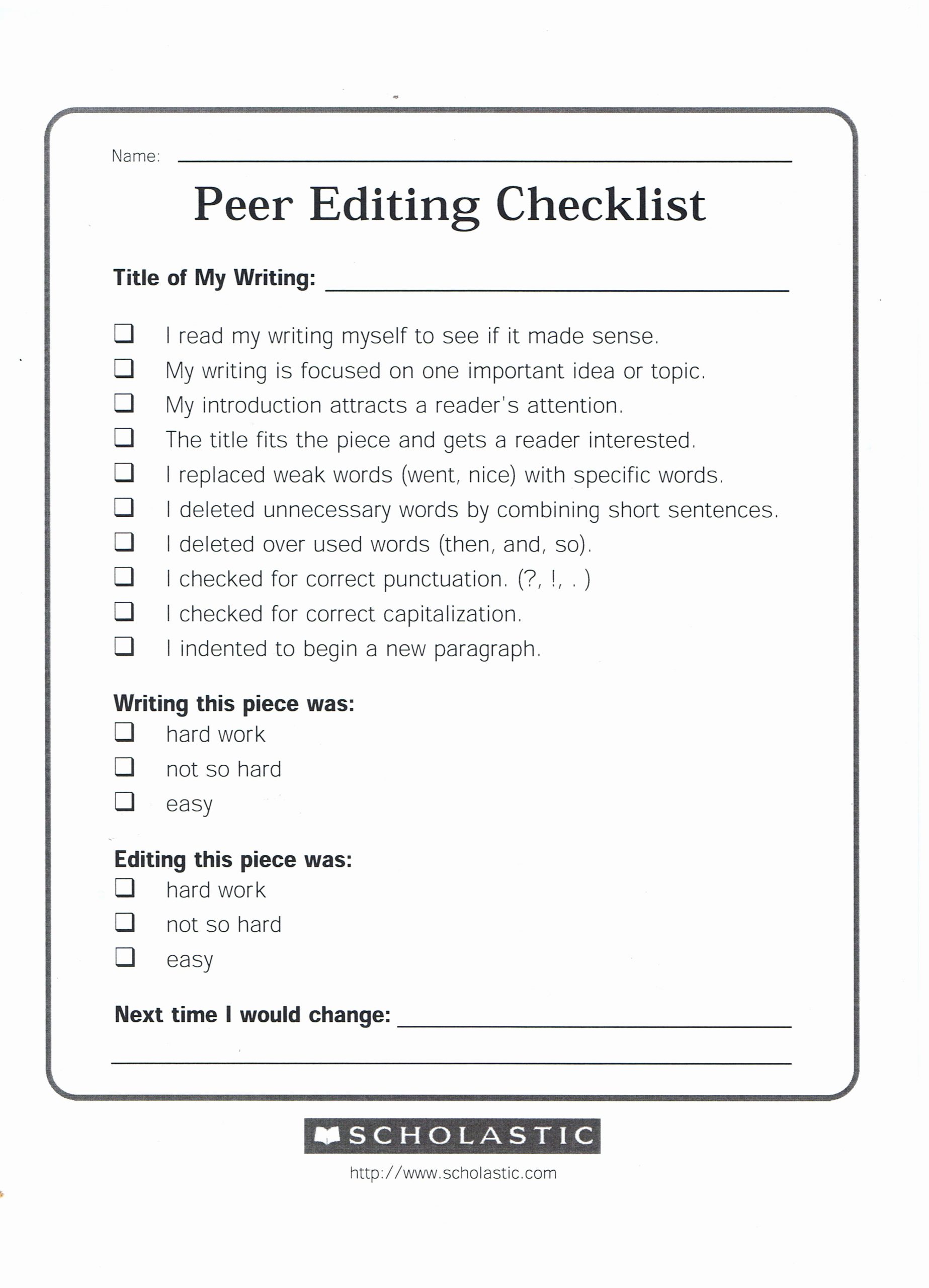 High School Essay Writing Worksheets Inspirational Peer Editing Checklist 2 480×3 437 Pixels