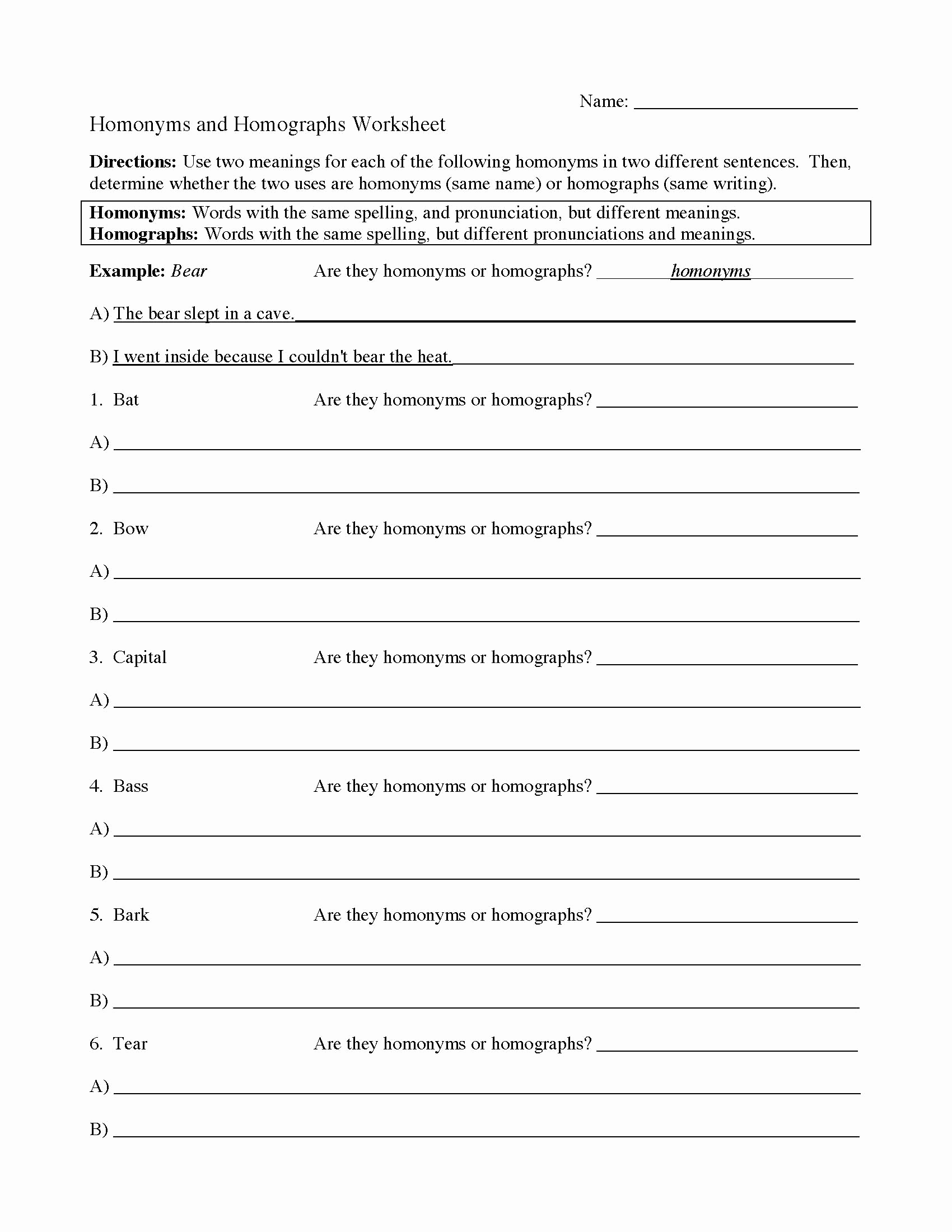 Homographs Practice Worksheets Elegant Homonyms and Homographs Worksheet 1