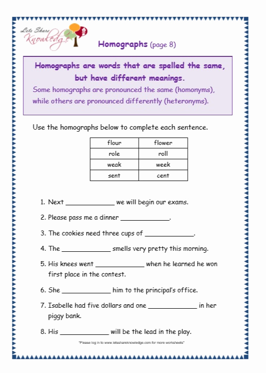 Homographs Worksheet 3rd Grade Best Of Grade 3 Grammar topic 25 Homographs Worksheets – Lets
