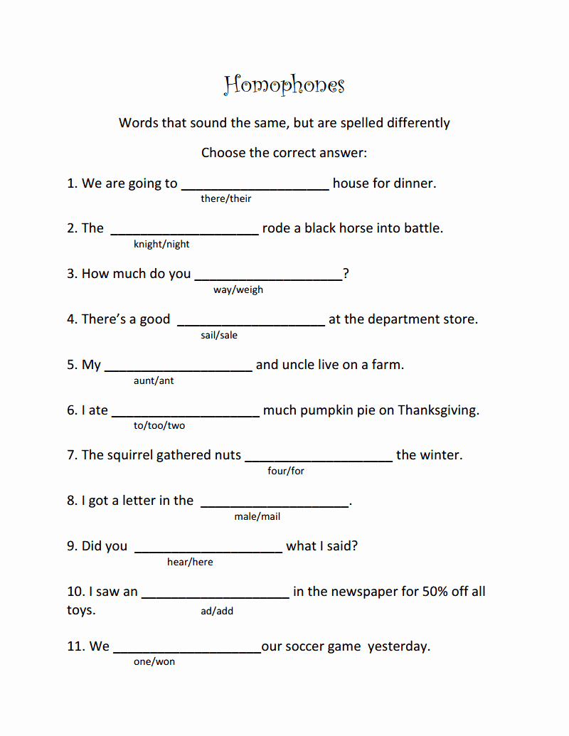 Homonym Worksheets Middle School Elegant Homophones Worksheet Use for Homework On Monday Night