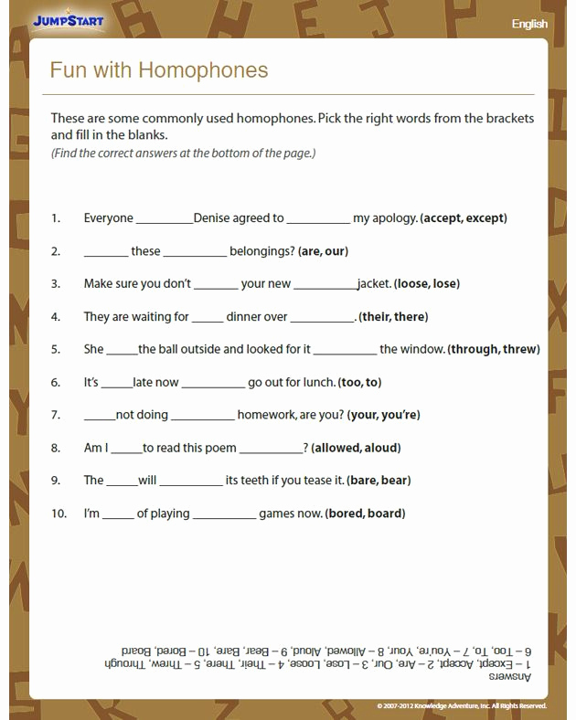 Homonym Worksheets Middle School Unique Fun with Homophones View Free English Worksheet for 3rd
