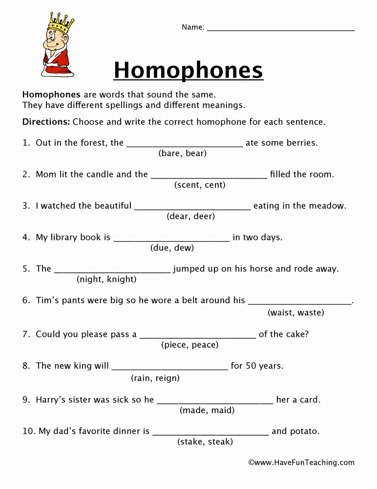 Homonyms Worksheets 5th Grade Elegant Homophones Worksheet