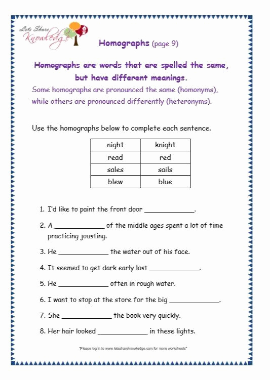 Homonyms Worksheets 5th Grade New Homophones and Homographs Worksheet 41 Free Download