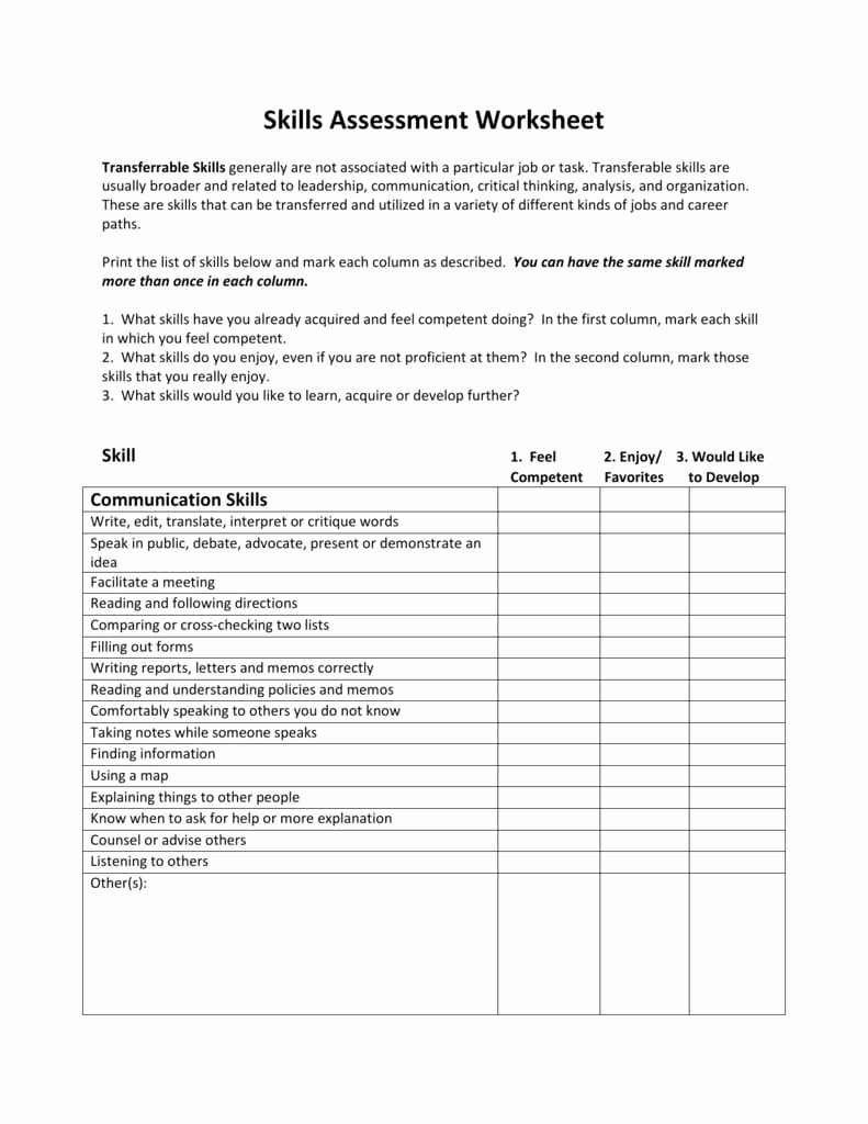 Job Skills Worksheets Unique Job Skills assessment Worksheet — Db Excel