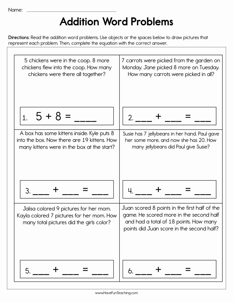Kindergarten Addition Word Problems Worksheets Unique Addition Word Problems Worksheet