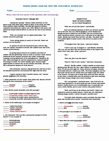 Language Arts Worksheets 8th Grade Beautiful Eighth Grade Language Arts Pre assessment Answer Key