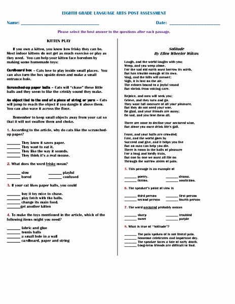 Language Arts Worksheets 8th Grade Luxury Eighth Grade Language Arts Post assessment Worksheet for