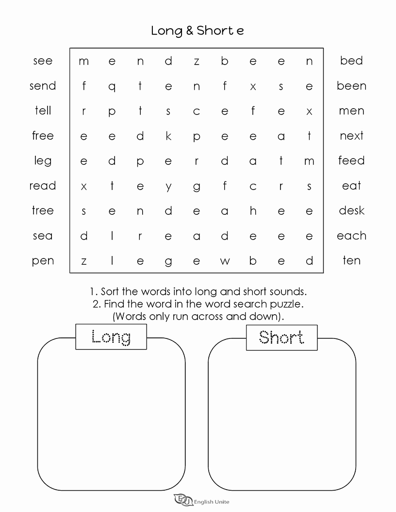 Long E Short E Worksheets Beautiful Long and Short Vowels E Word Search Puzzle 2 English Unite