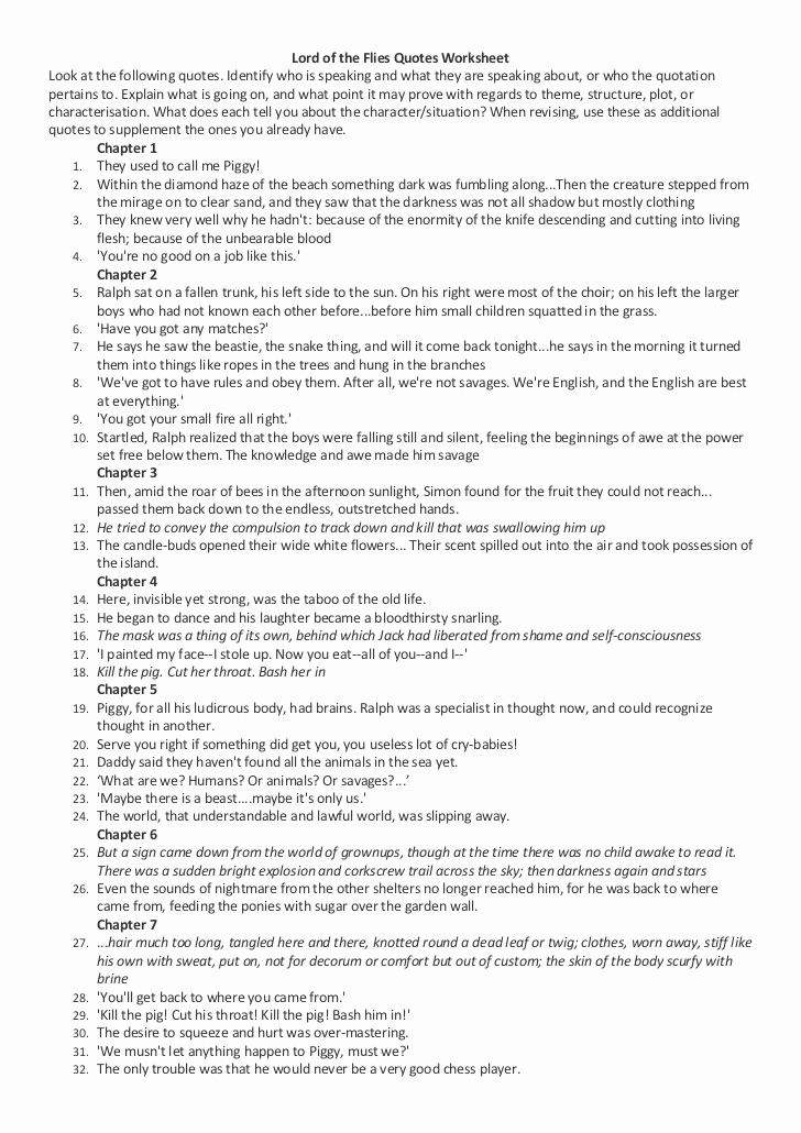 Lord Of the Flies Worksheets Best Of Lord Of the Flies Quotes Worksheet